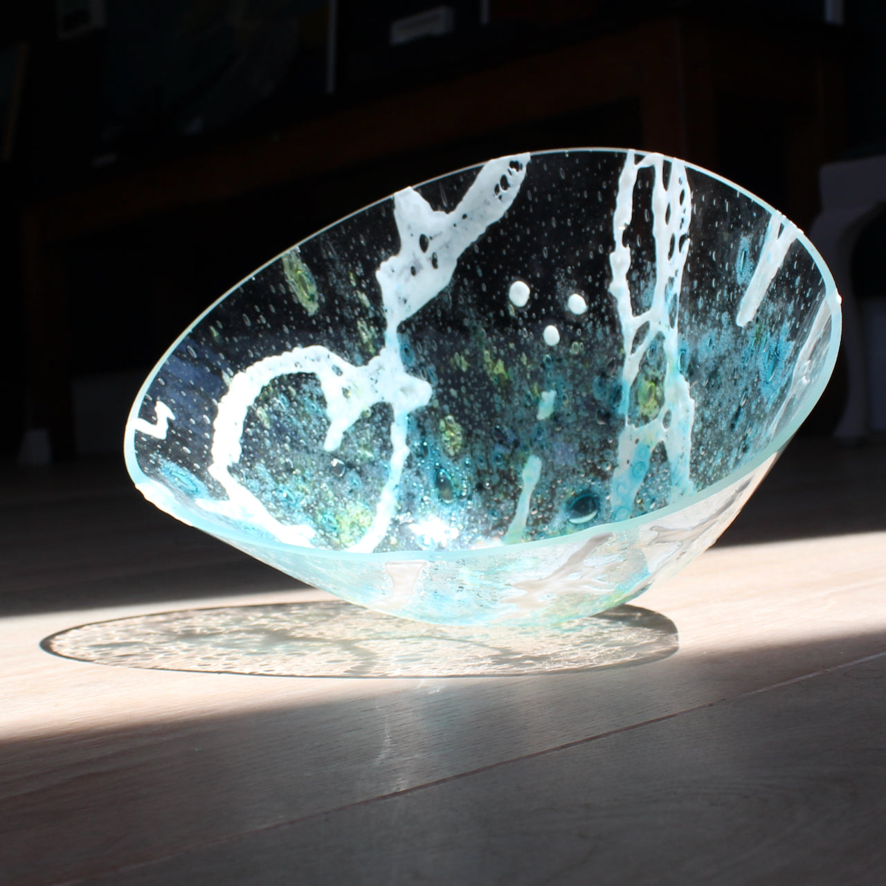 Helen Eastham glass vessel in clear, blue and white glass