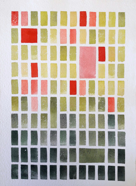 Abstract painting by David Muddyman of pink, yellow and green rectangles