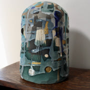 textured green and blue ceramic bottle by Dawn Hajittofi, ceramicist