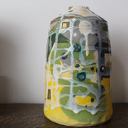 ceramic bottle in yellow, grey and green by UK potter Dawn Hajittofi