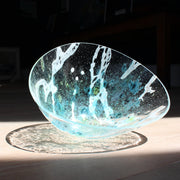 irregular shaped glass vessel in clear, blue and white glass by Cornish glass artist Helen Eastham