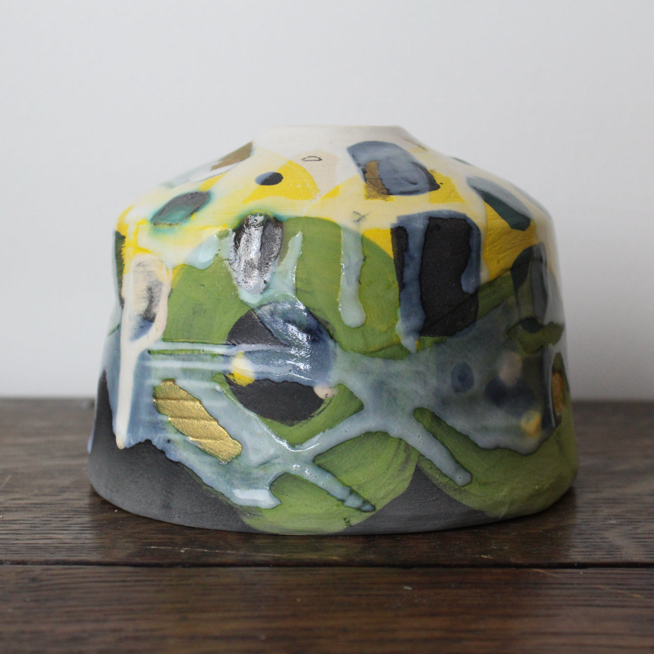 small textured ceramic  bottle in yellow, grey and green by UK ceramic artist Dawn Hajittofi
