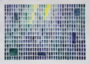 Abstract painting of blue, green and purple squares and rectangles on white paper landscape format