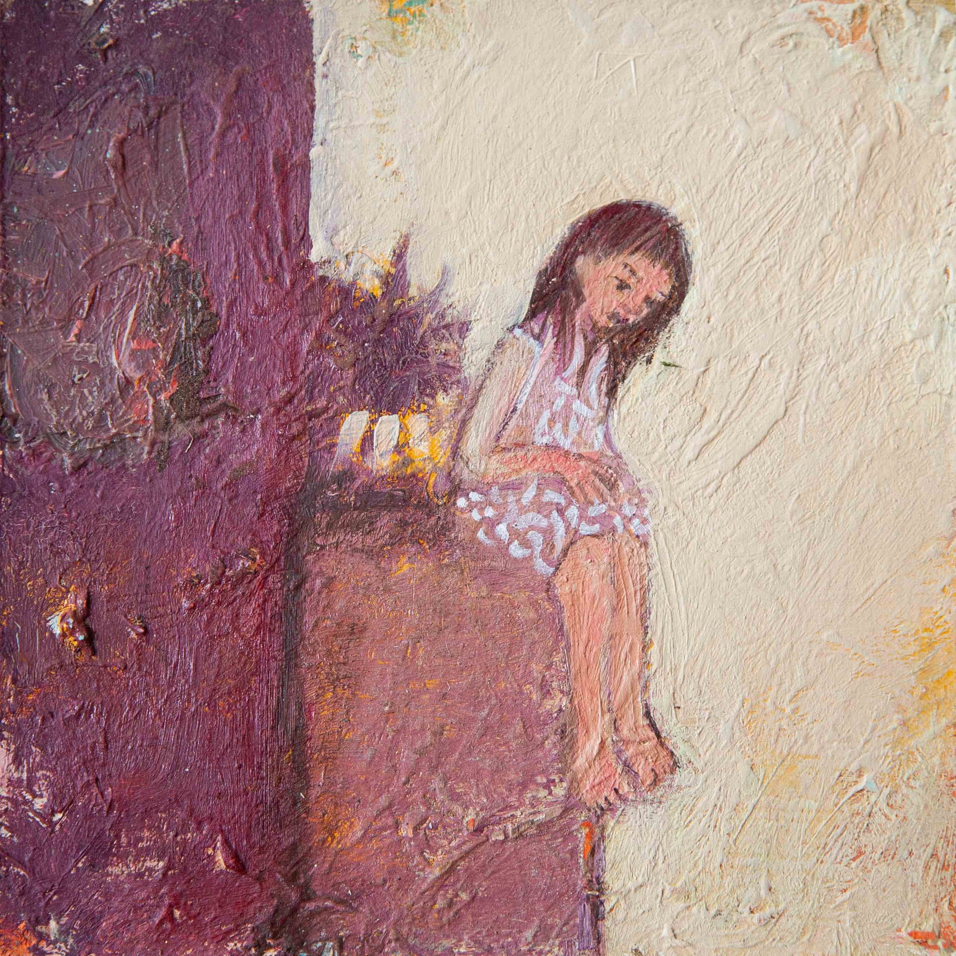 Siobhan Purdy painting of a girl sat alone in purples and neutrals