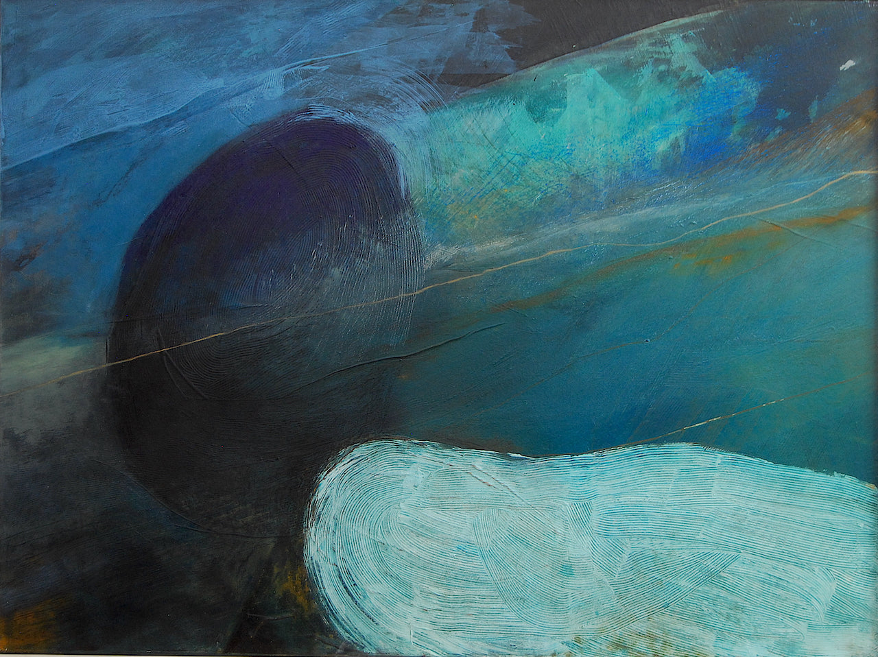 Alice Robinson-Carter abstract painting called Freathy which depicts a dark blue sky with a paler sea