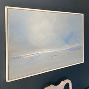 oil painting in pale blues of beach  by Cornwall artist Nicola Mosley