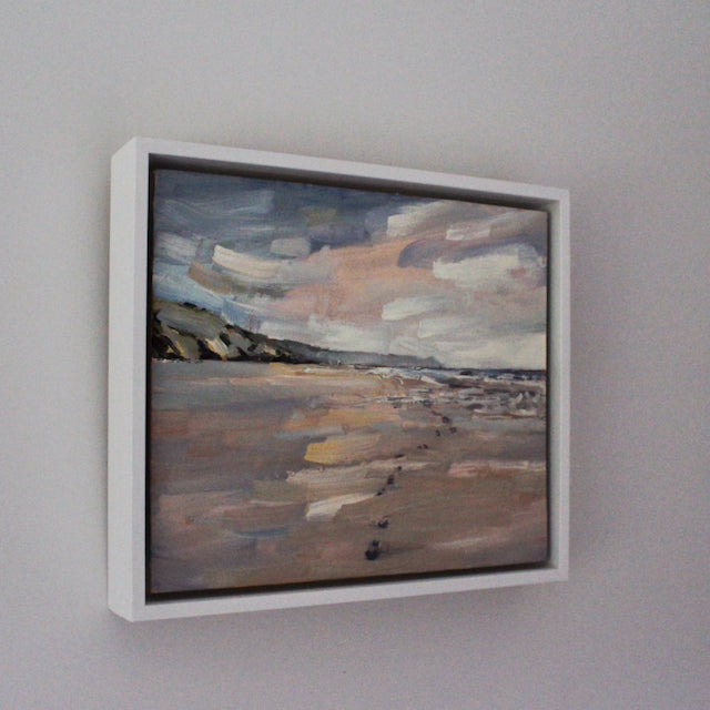 oil painting by Cornwall artist Jill Hudson of a sandy beach looking towards Rame Head in  Cornwall.