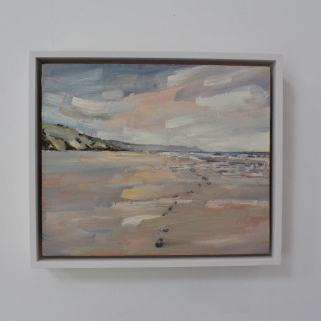 framed oil painting by Cornwall artist Jill Hudson of a sandy beach looking towards Rame Head, Cornwall
