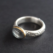 Moss aquamarine (oval) set in gold on textured ring in brushed silver by Carin Lindberg
