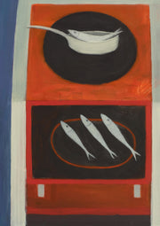 semi abstract oil painting by Heath Hearn of an old fashioned orange stove with a fish inside a frying pan on top of it