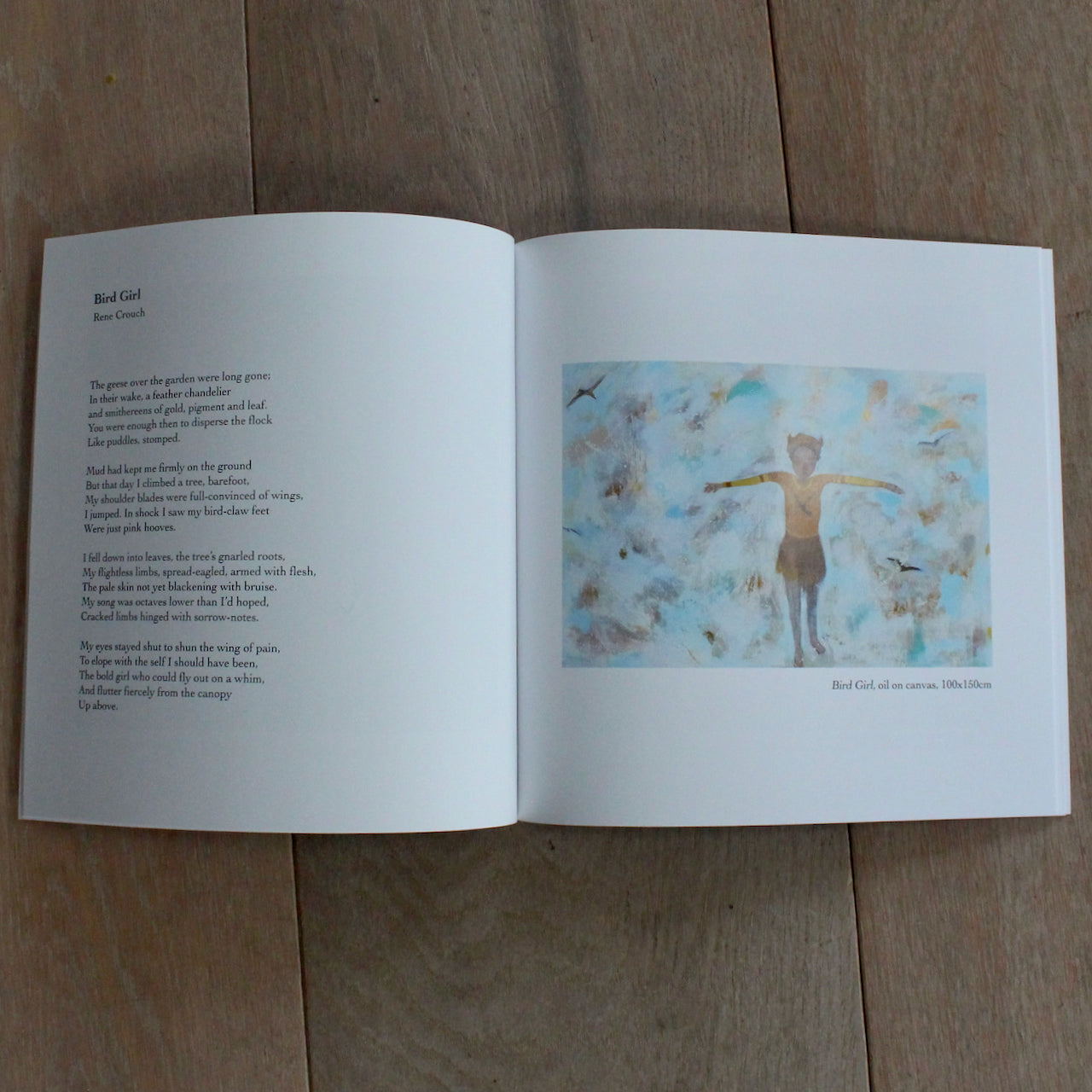 inside page of Book for cover of Lost for Words a book of poetry by Alison Tangye and Rene Crouch with paintings by Siobhan Purdy showing poems called Bird Girl with accompanying painting