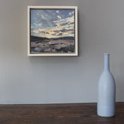 Landscape painting by Cornwall artist Jill Hudson on a grey wall next to a ceramic bottle by UK ceramic artist Lucy Burley