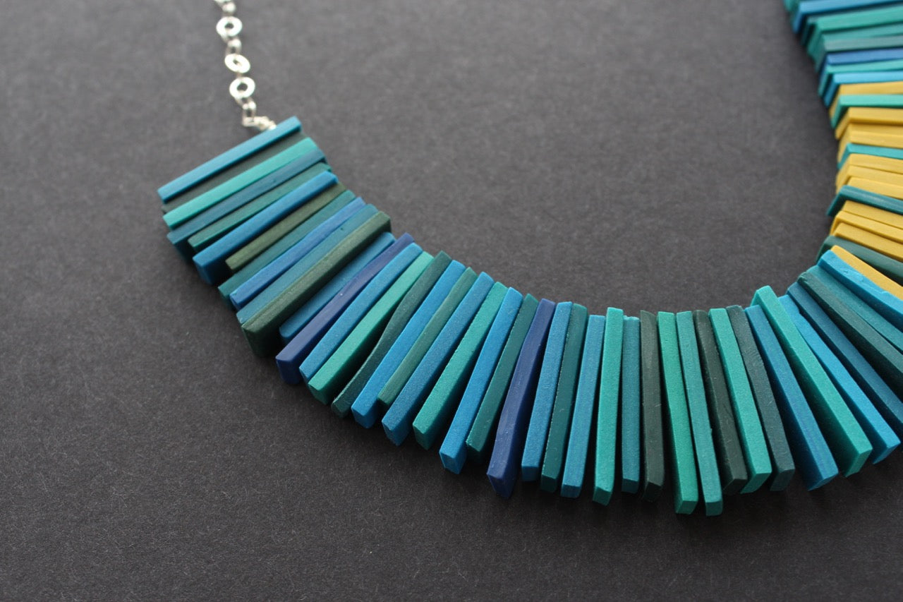 Modern deco necklace in teal blues and yellow by Clare Lloyd