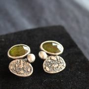 silver stud earrings with a green stone set in silver by Carin Lindberg Cornwall jewellery designer