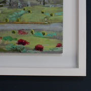 details of Cornish based artist Katy Brown's painting with red flowers and green bushes