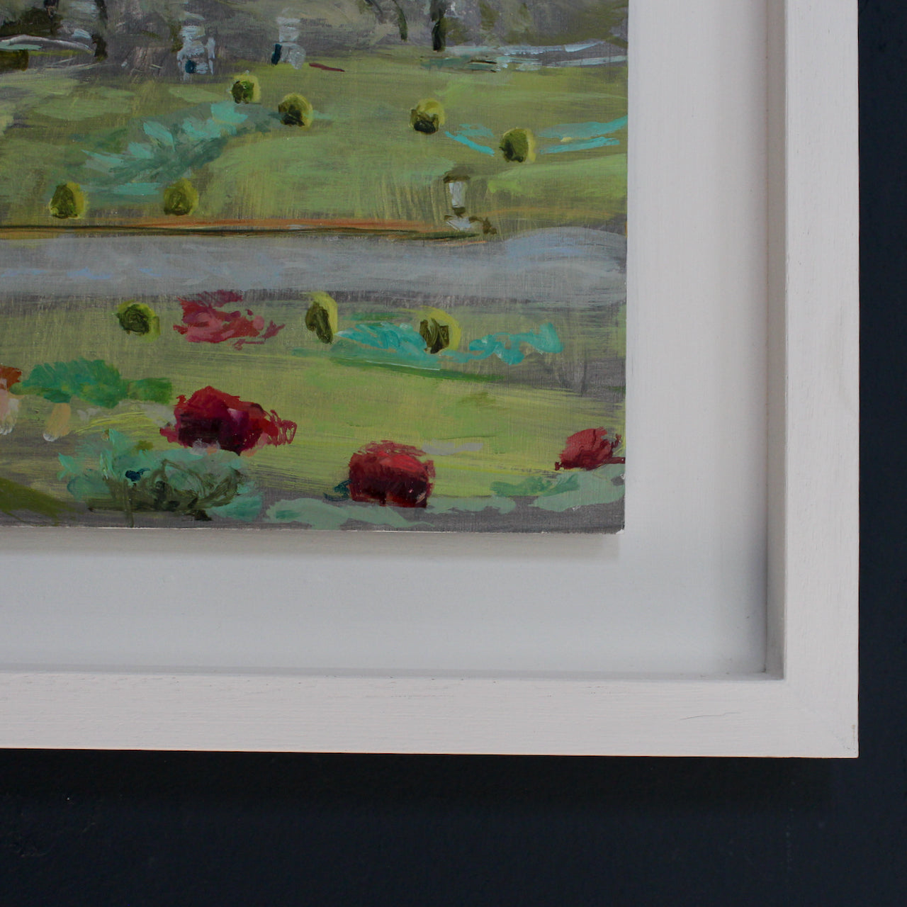 details of Cornish based artist Katy Brown's painting with red flowers and green bushes 