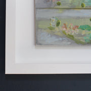 close up of artist Katy Browns oil painting with soft pinks, greens and greys