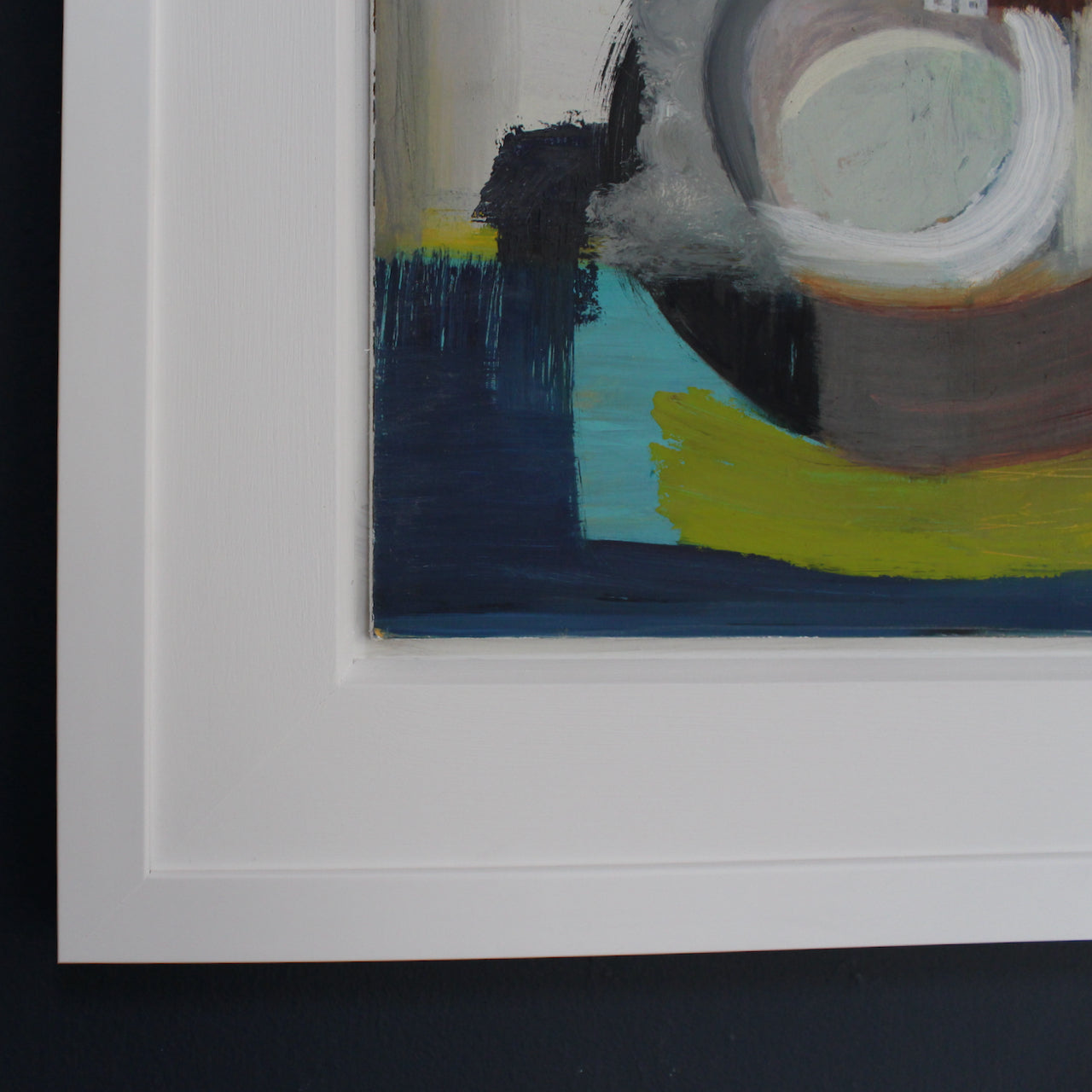 details of Heath Hearn framed painting with turquoise, olive green and dark blue brush strokes