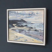 a framed Jill Hudson painting of a beach and the Rame Head headland in Cornwall