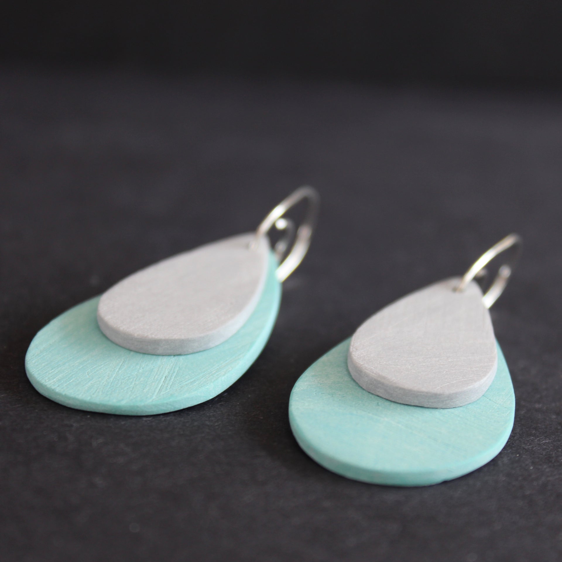 Scratch raindrop earrings in duck egg and grey by Clare Lloyd
