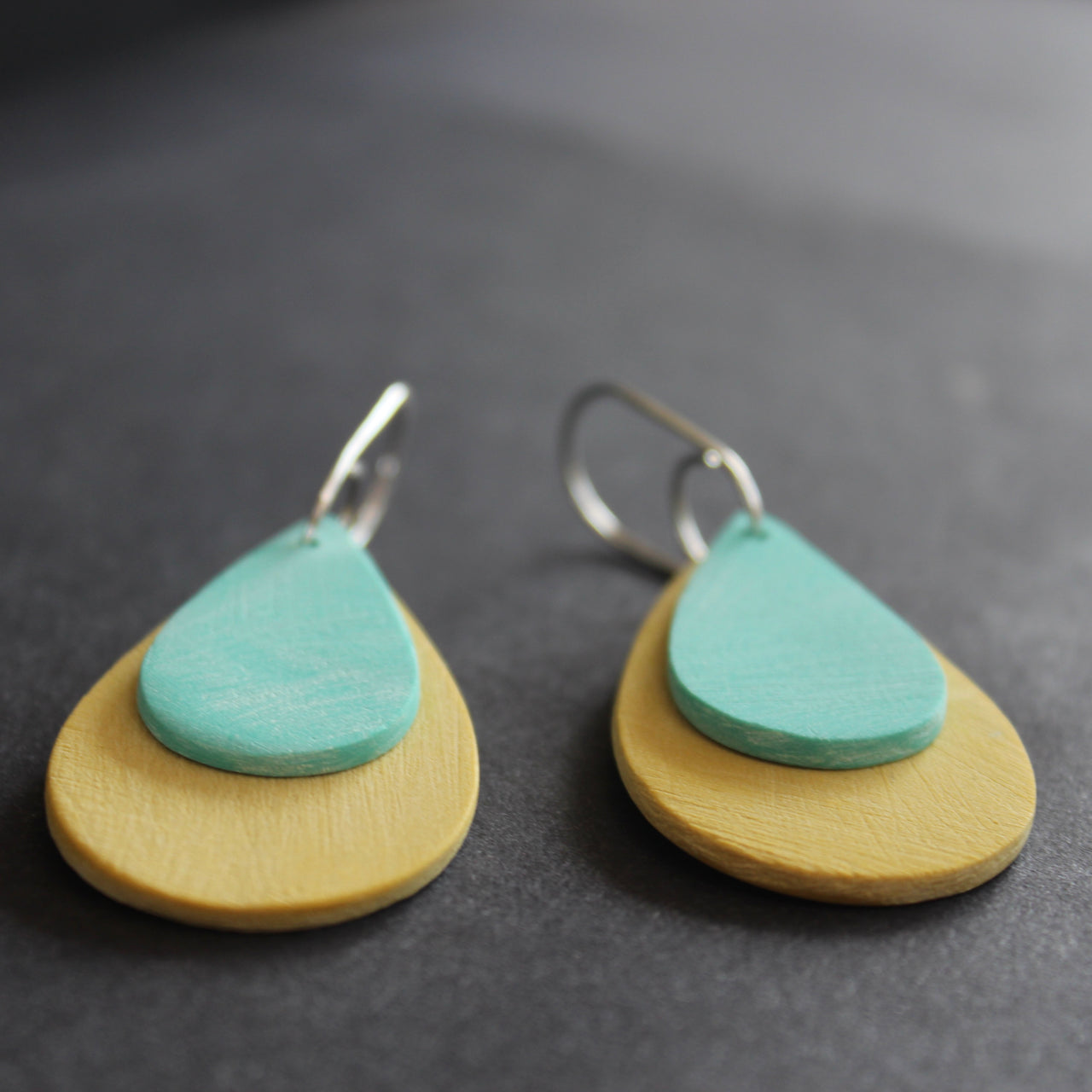 Clare Lloyd drop earrings in duck egg blue and mustard