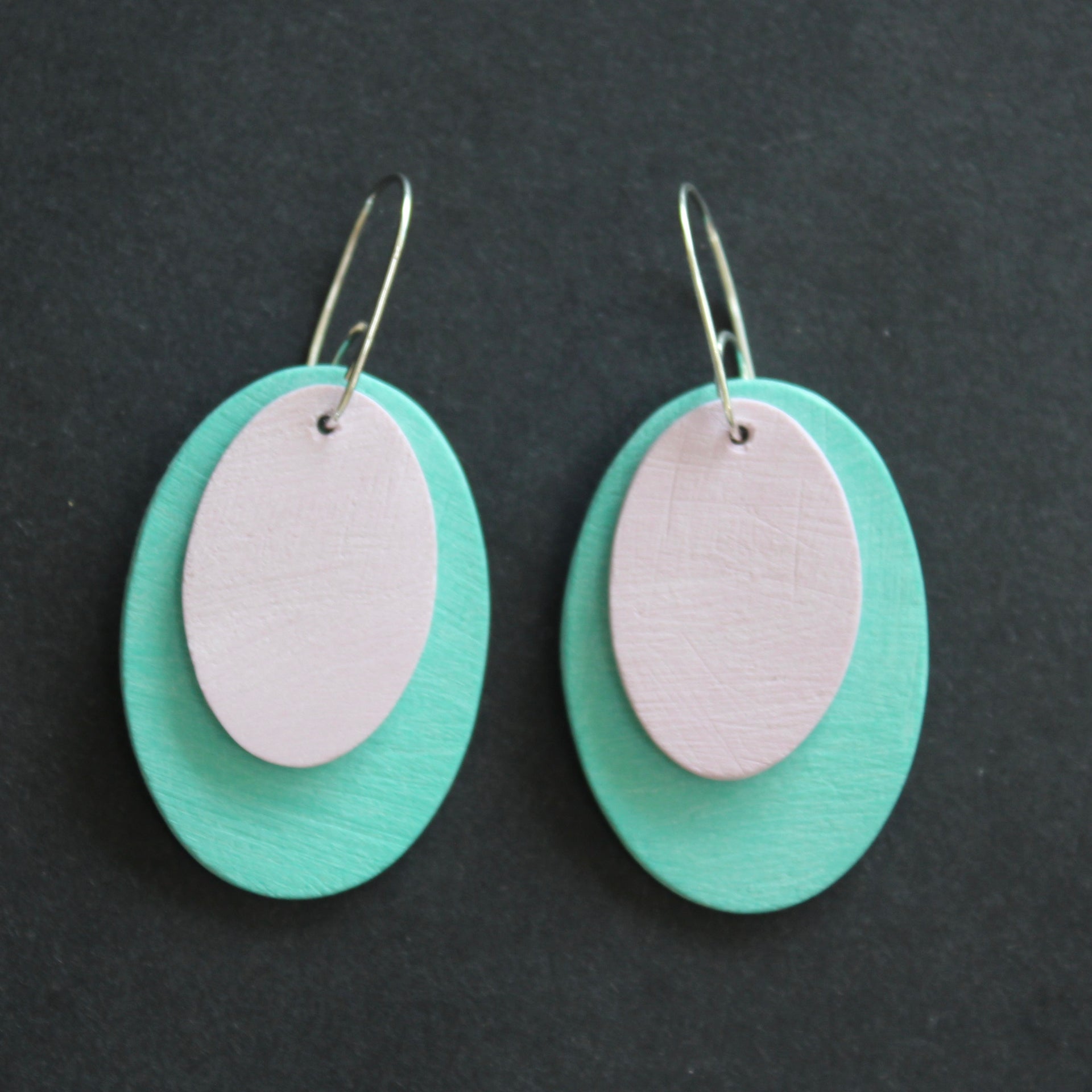 Clare Lloyd drop earrings in duck egg blue and pale pink
