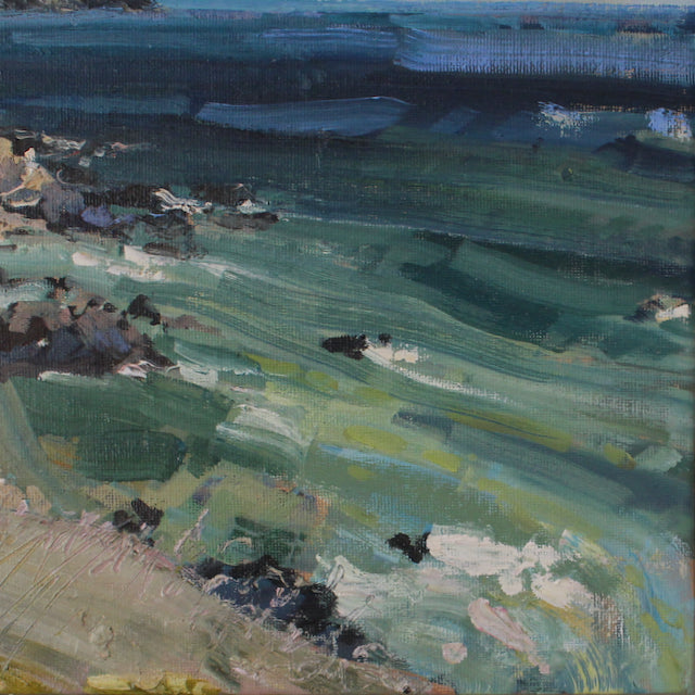 Detail of the sea in a painting of Rame Head in Cornwall by Jill Hudson