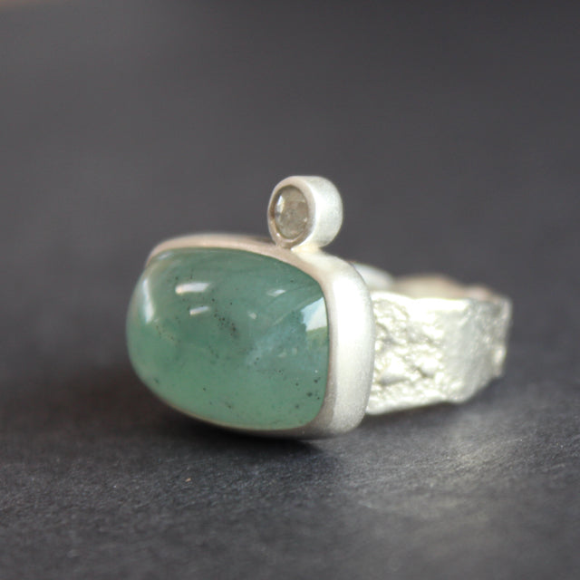 Chalcedony and white diamond ring in sterling silver by Carin Lindberg
