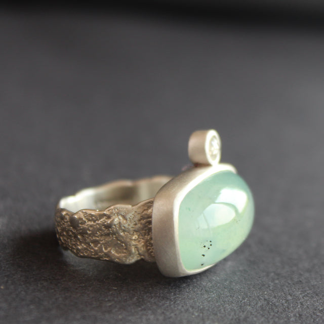 Chalcedony and white diamond ring in sterling silver by Carin Lindberg