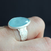 Aquamarine ring in textured sterling silver by Carin Lindberg on finger