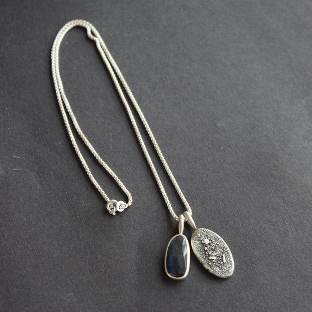 Labradorite textured silver duo pendants on silver chain by Carin Lindberg
