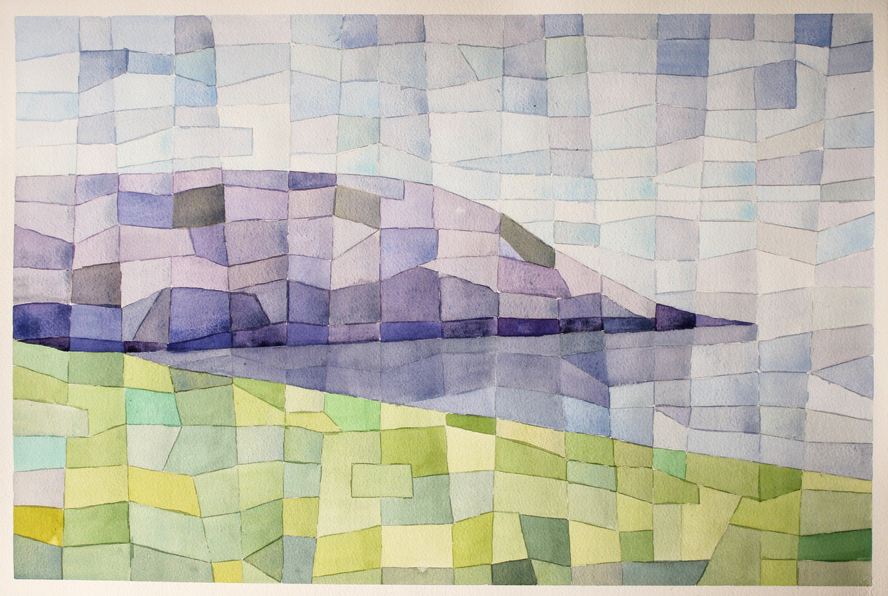 Abstract painting in purples and greens of a headland and the sea