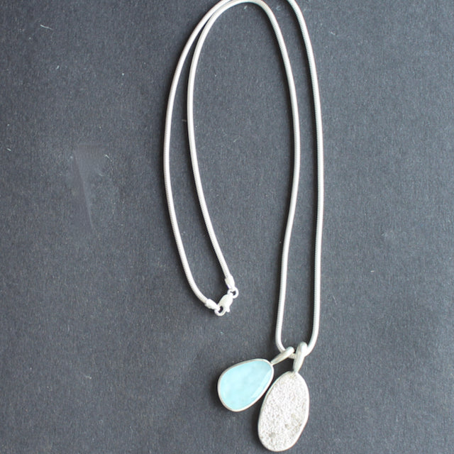 Aquamarine textured silver duo pendants on silver chain by Carin Lindberg