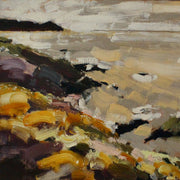 detail of Cornwall artist Jill Hudson painting of Rame Head with yellow flowers and a sandy beach in the foreground.