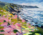 painting of Rame head in Cornwall by artist Jill Hudson showing pink flowers on a cliff next to a white and purple sea.