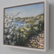 A framed painting on a wall by Jill Hudson called April Blossomof white blossom on coastal path in Cornwall.