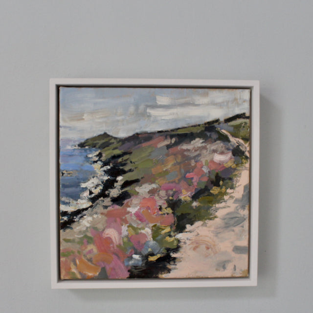 painting of a Cornish coastal path looking towards Rame Head in Cornwall with pink and purple flowers called seasons change by artist Jill Hudson