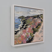 painting of the coastal path towards Rame Head in Cornwall with pink and purple flowers called seasons change by artist Jill Hudson