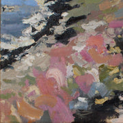 close up of pinks and oranges in painting by Jill Hudson of Rame Head in Cornwall