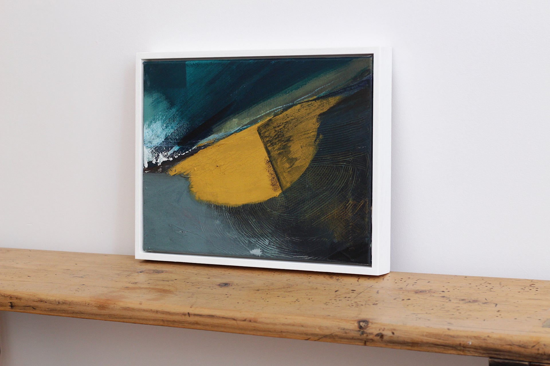 South west coast path inspired abstract painting with yellow flowers and waves crashing on rocks by Devon based artist Alice Robinson-Carter