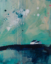 Cornish coast line inspired painting with two house and dark blue painted headland by Devon based painter Emma Carlisle