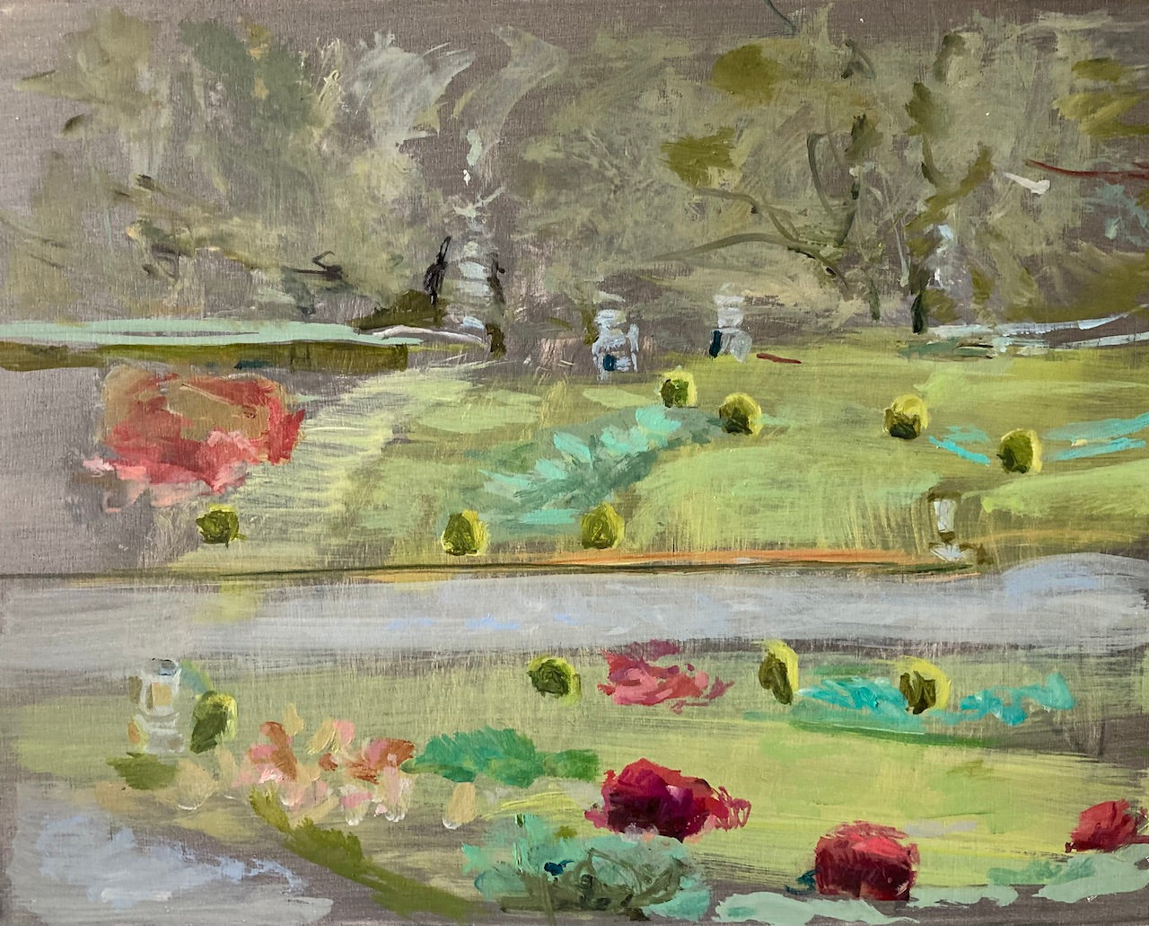 small oil painting of a formal garden with lawns dotted with pink and yellow shrubs on either side of a lake it is by artist Katy Brown  