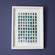 Framed Abstract painting made up of green and grey coloured rectangles with one red one. Painted by David Muddyman and called Plymouth Sound