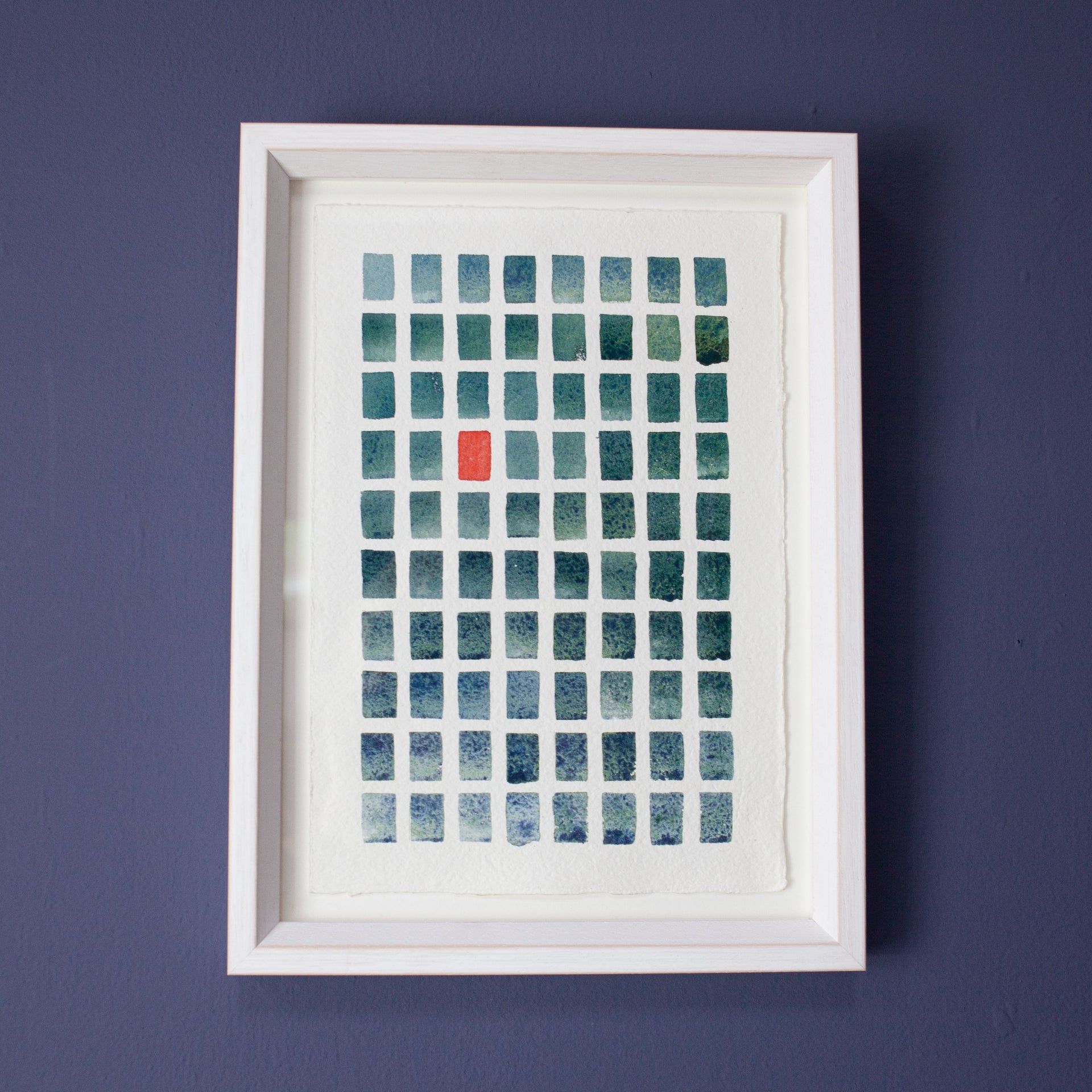 Framed Abstract painting made up of green and grey coloured rectangles with one red one. Painted by David Muddyman and called Plymouth Sound