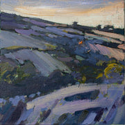 Jill Hudson oil painting in purple colours of a field with a distant farmhouse