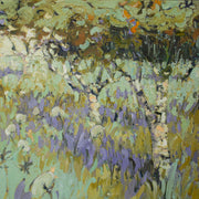Jill Hudson abstract painting of purple flowers and long grass under trees