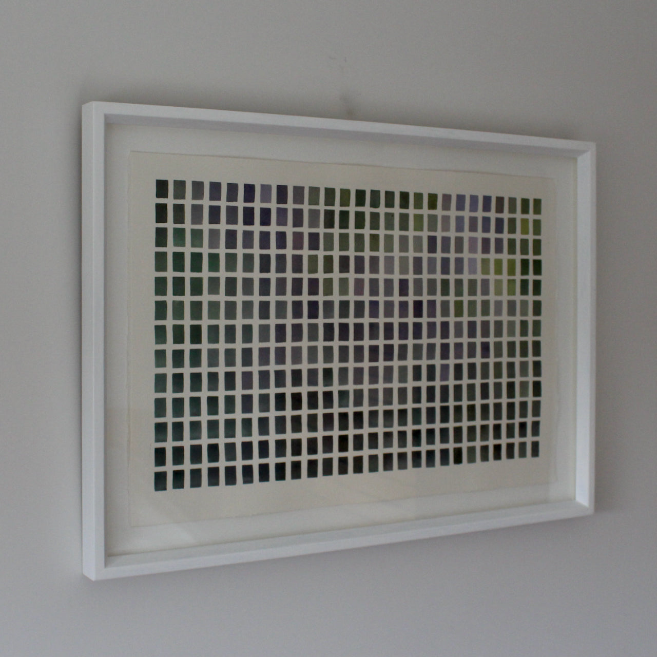 framed David Muddyman abstract painting in landscape format of purple and green rectangles painted in watercolour paint