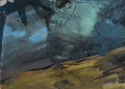 abstract painting by Alice Robinson-Carter of Rame Head peninsula in Cornwall, the landscape is dark mustard and the sky dark blues and black