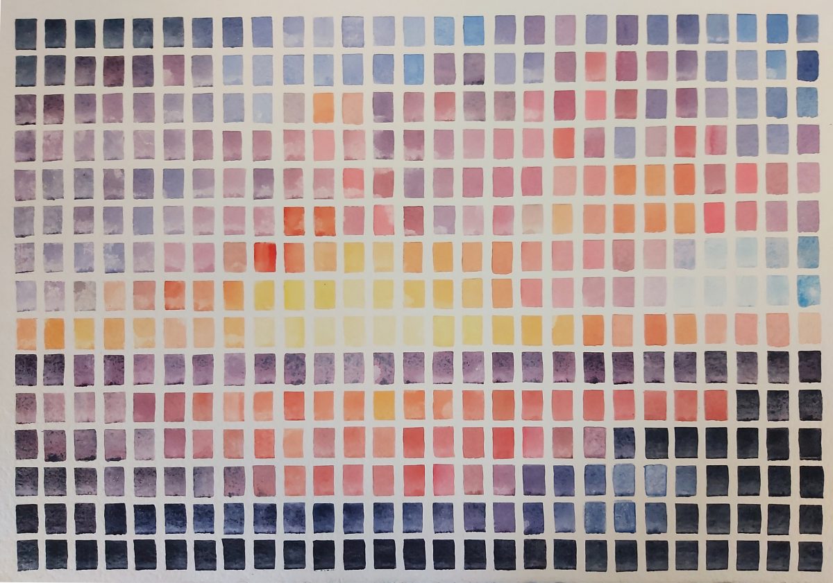 Abstract painting of a sunset pink, yellow and blue