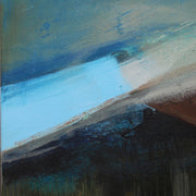 close up detail of  abstract painting by Alice Robinson-Carter of Rame Head peninsula in Cornwall, the peninsula is dark against a blue sky